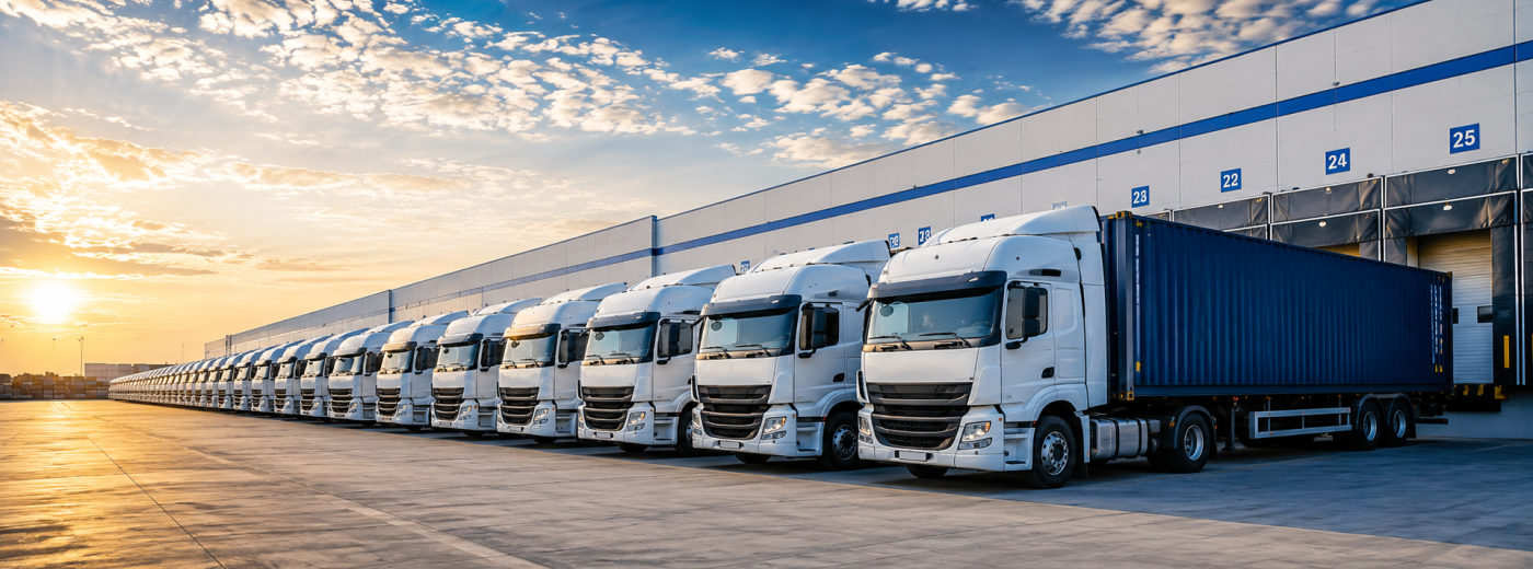 ITZON Transport fleet of white semi trucks lined up at warehouse facility at sunset