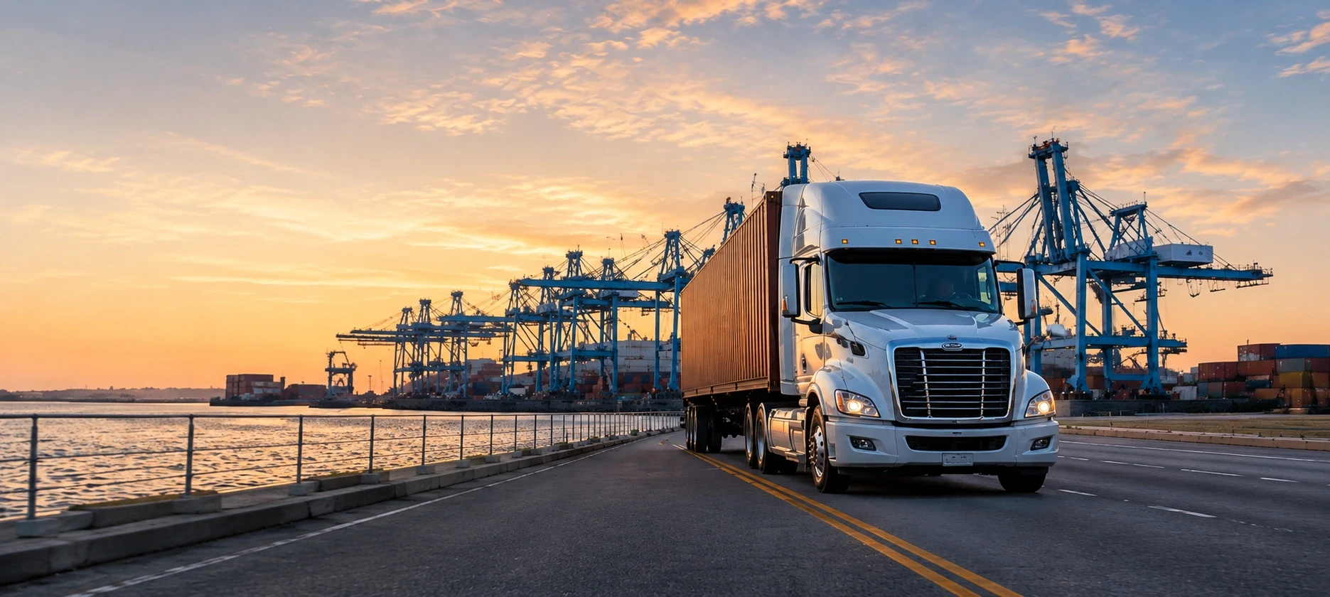 Drayage truck at Long Beach port with shipping containers